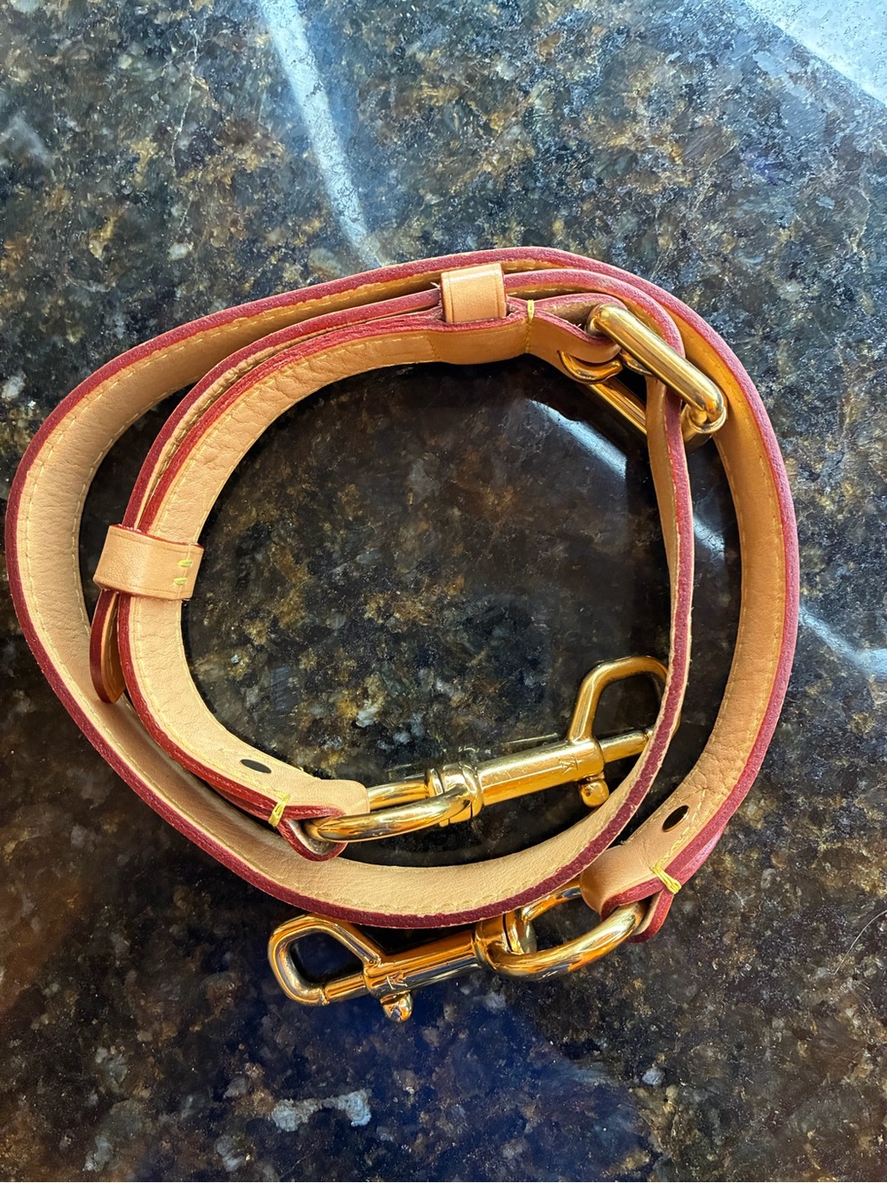 Louis Vuitton Authentic Tan and Red Leather Shoulder Strap with Gold Hardware
